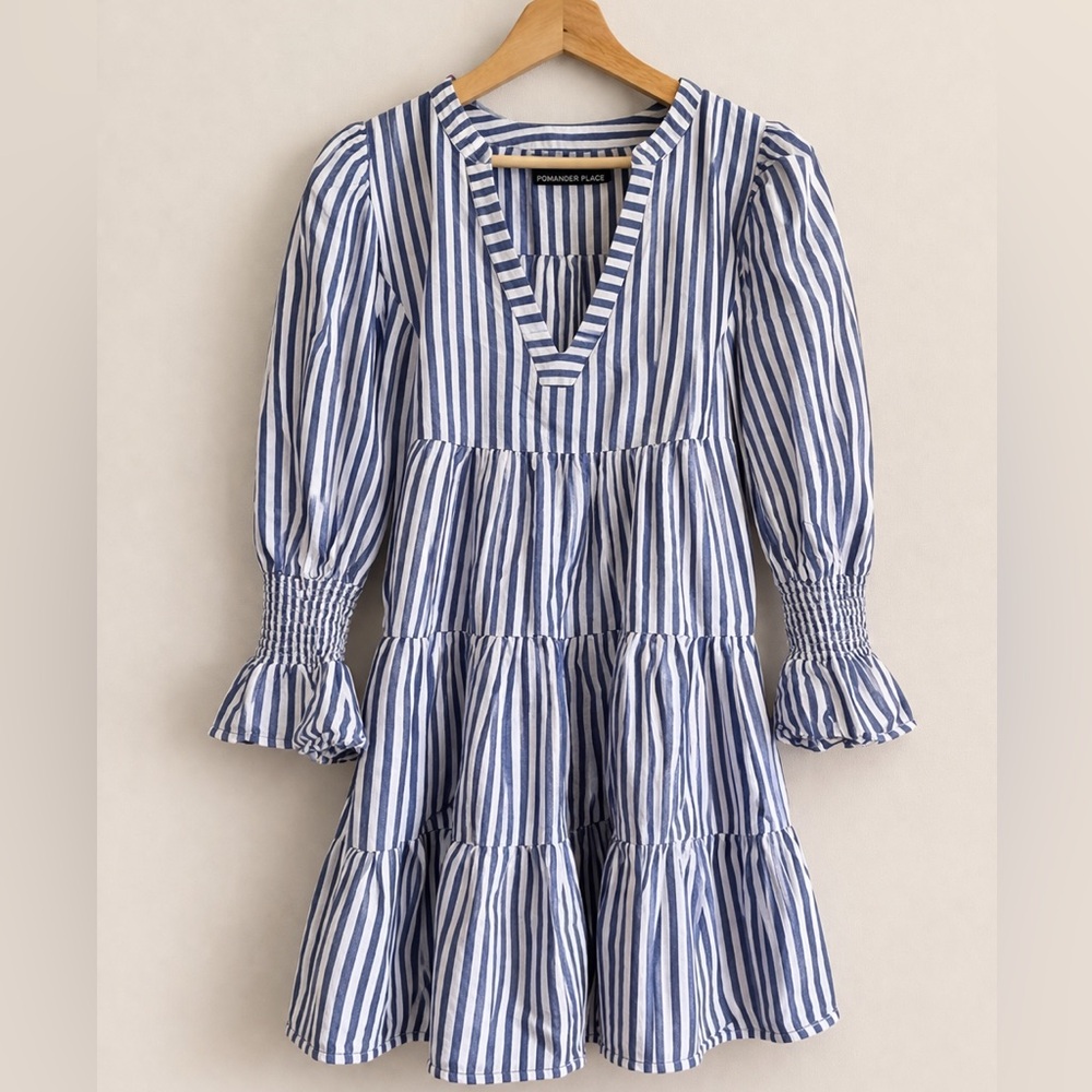 Pomander Place Blue and White Striped Tiered Mini Dress